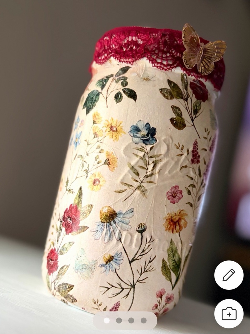 Handcrafted Floral Glass Mason Jar with Burgundy Lace Trim